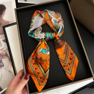 Square Scarf Women Imitation Satin Polyester Vintage Geometric Carriage Print French Style Elegant Neckerchief Hair Band