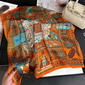 70cm geometric silk square scarf with orange borders and detailed architecture pattern