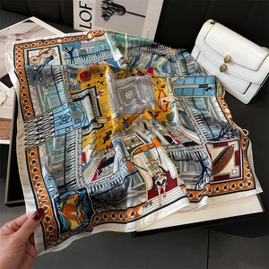 Silk-textured square scarf with vintage architectural print and vibrant geometric patterns