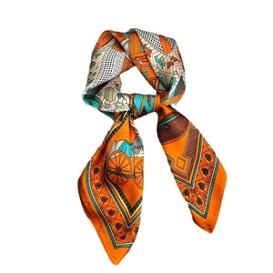 Elegant orange silk square scarf with vintage carriage and honeycomb bee patterns