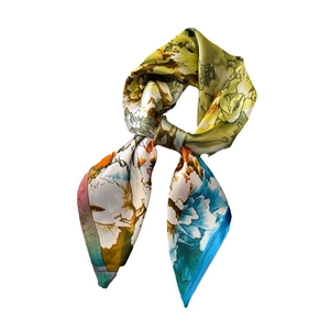 70cm silk-like square scarf featuring peony oil painting prints and glossy satin finish