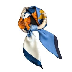 Elegant 70cm silk-like floral square scarf in navy blue and orange with satin finish