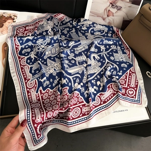 Elegant vintage square silk scarf with European map print in navy and burgundy