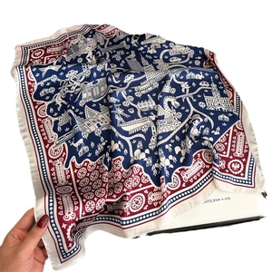 Vintage silk-like square scarf featuring a hand-drawn city map print in navy and red