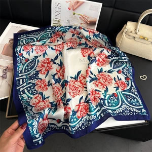 Elegant rose floral silk square scarf for women with vintage geometric border and soft luster