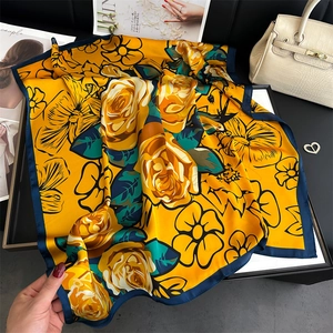 Silk satin square scarf in ginger yellow with rose floral print and blue borders
