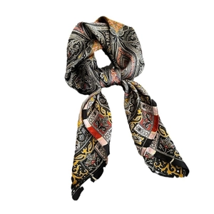 Retro paisley pattern square silk scarf with vintage floral print in black and gold