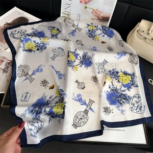 Elegant Square Scarf For Women Imitation Satin Printed Blue And White Porcelain Retro Pattern Sun Protection Neckwear