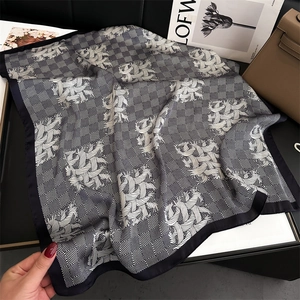 Classic houndstooth checkerboard silk square scarf with elegant vine patterns