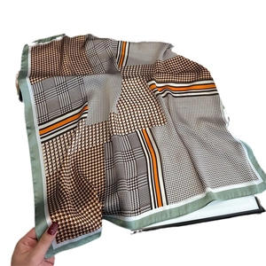 Elegant 70cm square silk scarf with houndstooth pattern and orange stripes for women