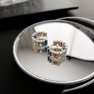 Rainbow gemstone hoop earrings in silver finish featuring colorful square-cut zircons