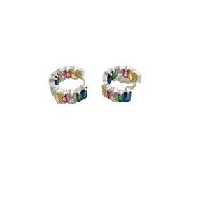 Rainbow rectangle zircon huggie hoop earrings with colorful gemstones in silver finish