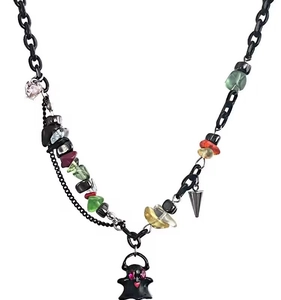 Ghost pendant necklace with crushed stones and punk heart charms on a black chain