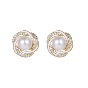 French style pearl flower stud earrings with gold spiral texture and sparkling crystals