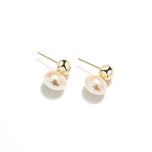 Elegant gold metal ball and pink pearl stud earrings for women with high-end polished finish