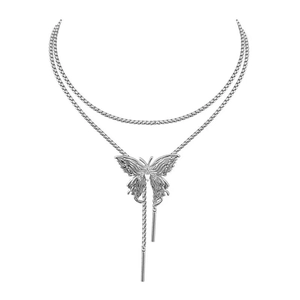 Collana lunga a doppio strato in argento con farfalla e nappe dal design moderno