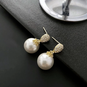 Elegant Artificial Pearl Drop Earrings Gold Plated Copper With Micro Paved Cubic Zirconia Vintage Style For Women Accessories