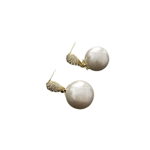 Elegant gold pearl stud earrings with zircon inlay and large round white pearls