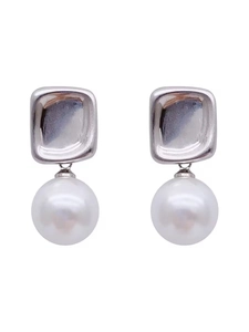 Minimalist geometric square pearl drop earrings with silver metallic finish for women