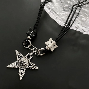 Alloy Pentagram Pendant Necklace With Black Rope Multi Layer Chain Gothic Punk Hip Hop Jewelry For Men And Women