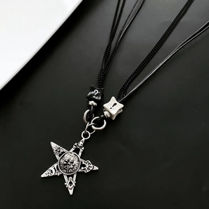 Gothic pentagram star pendant with black layered cord chain in vintage silver finish