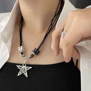 Retro pentagram pendant necklace and leaf ring set with black cord and silver chain