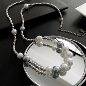 Titanium Steel Faux Artificial Pearl Necklace White Grey Beads Minimalist Geometric Choker For Men Women Elegant Jewelry