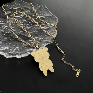 Bear Pendant Necklace Titanium Steel Long Sweater Chain Superstar Heart Engraved Minimalist Cute Jewelry For Women