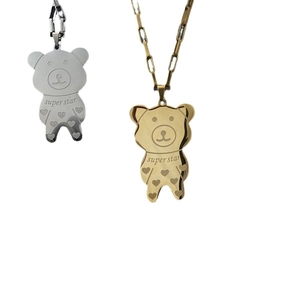 Cute bear pendant necklace in gold and silver finish with star engraving and clip chain