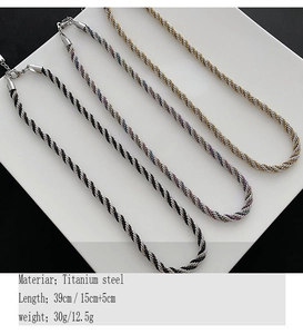 Detail of twisted titanium steel chain sets with lobster clasp and sizing specifications