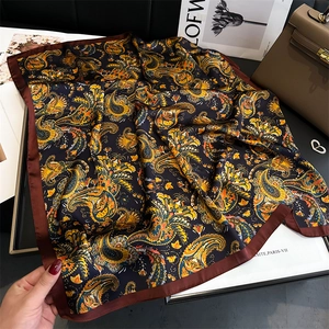 Ethnic paisley square scarf in navy blue and orange silk fabric for women