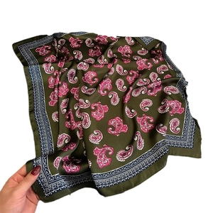 Olive green paisley silk scarf with magenta patterns and satin finish, 70cm square wrap