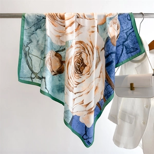 Women Elegant Rose Print Satin Square Scarf Floral Twill Large Bandana Sun Protection Shawl Luxury Fashion Headscarf Accessory