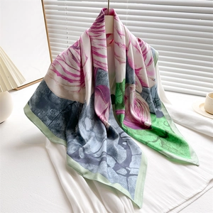 Luxurious 90cm twill silk scarf with elegant pink rose floral pattern for women
