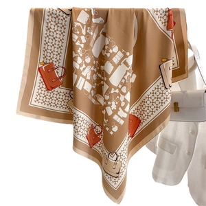 Elegant 90cm silk scarf with fashion accessory print and classic checkered border pattern