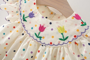 Dettaglio del ricamo di tulipani e colletto a Peter Pan smerlato su top a pois da bambina