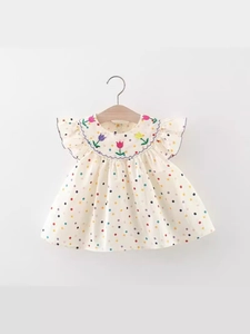 Vestito Estivo Per Bambina Pois Colorati Ricamo Tulipano Maniche A Volant Misto Cotone Abbigliamento Dolce