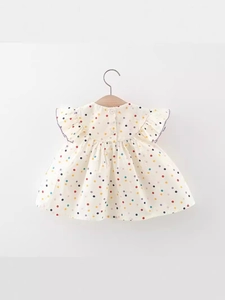 Abito estivo da bambina con pois colorati, maniche a balze e bottoni sul retro