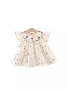 Abito estivo da bambina beige a pois colorati con ricamo floreale di tulipani