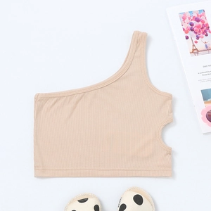 Close-up of beige ribbed knit one-shoulder top with stylish side cutout detail