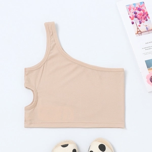 Detail of beige ribbed knit kids tank top with one-shoulder design and side cutout feature