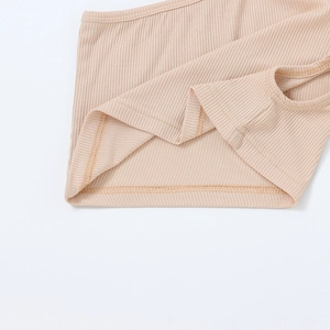 Detail of ribbed knit beige cotton fabric with precise double-needle hem stitching