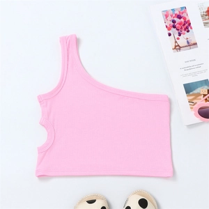 Detail of pink ribbed knit one-shoulder top with side waist cutout and asymmetric design