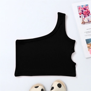 Detail of girls black one-shoulder ribbed crop top with stylish waist cutout design
