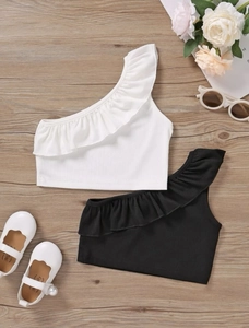 Top corto monospalla per bambina con volant in cotone a costine bianco e nero