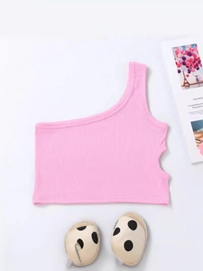 Girls One-Shoulder Tank Top Ribbed Knit Cotton Waist Cutout Solid Color Summer Sleeveless Trendy Camisole Vest