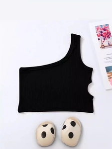 Girls black one-shoulder ribbed crop top with side waist cut-outs on white background