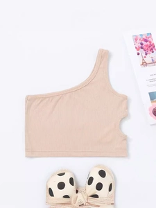 Kids beige one-shoulder ribbed vest with waist cutout detail shown in a flat lay style