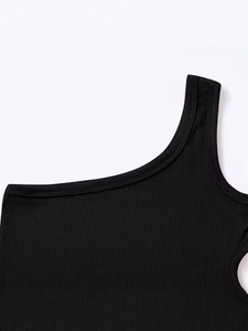 Black ribbed knit girls one-shoulder tank top with stylish side cutout detail