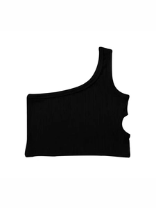 Girls black one-shoulder ribbed tank top with side cutout detail on plain background